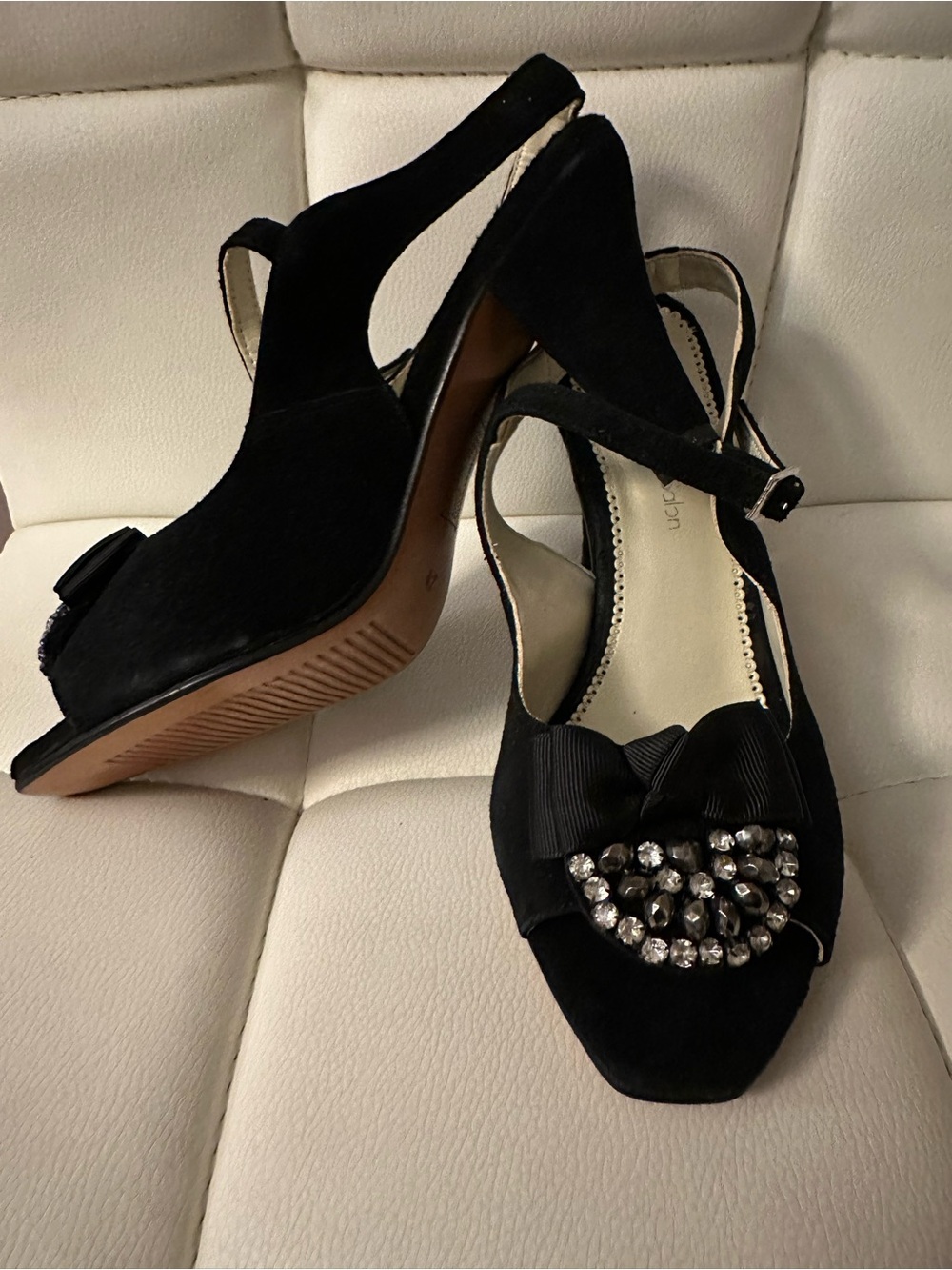 Women's Black Slingback leather Peep-Toe Heels with satin Bow & Rhinestones